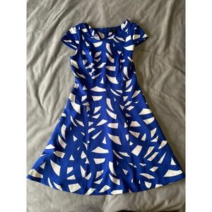 Worthington Blue White Geometric Abstract Print Fit and Flare Cap Sleeve Dress 6